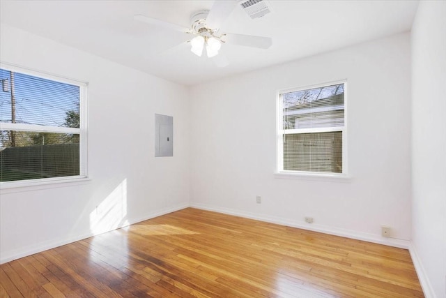 unfurnished room featuring ceiling fan, light hardwood / wood-style floors, and electric panel