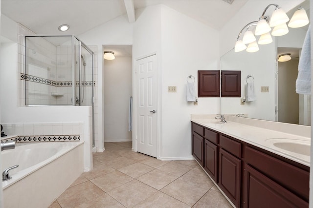 bathroom with tile patterned floors, vanity, vaulted ceiling with beams, and independent shower and bath