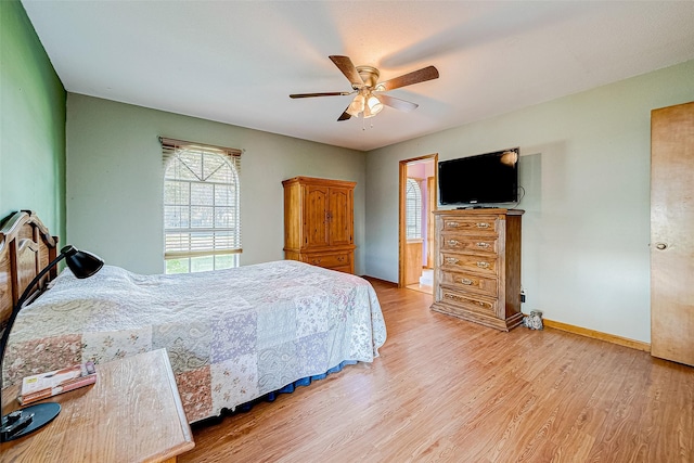 bedroom featuring ceiling fan and light wood-type flooring