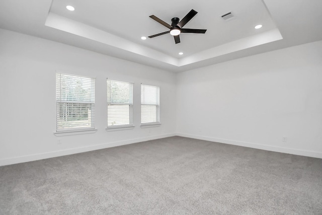 spare room featuring carpet, ceiling fan, and a tray ceiling