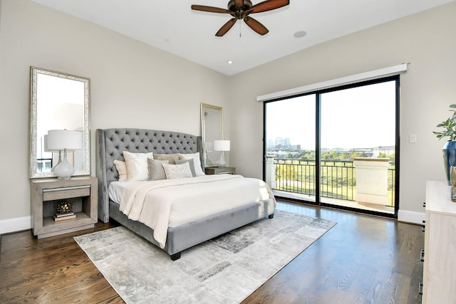 bedroom with dark hardwood / wood-style flooring, access to outside, and ceiling fan