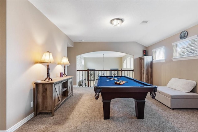 game room with carpet floors, lofted ceiling, and billiards