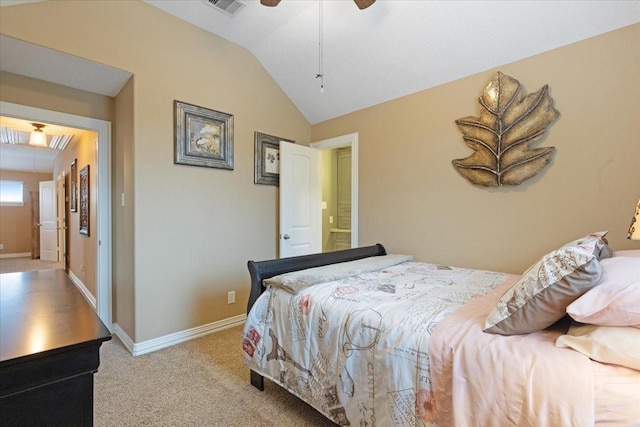 carpeted bedroom with ceiling fan and lofted ceiling