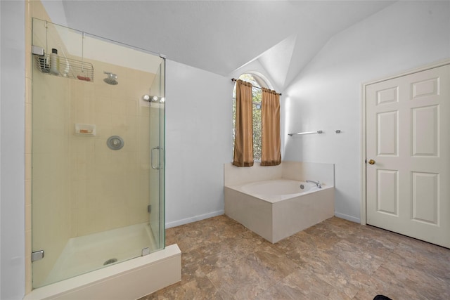 bathroom with plus walk in shower and lofted ceiling