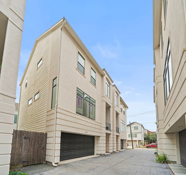 view of building exterior featuring a garage