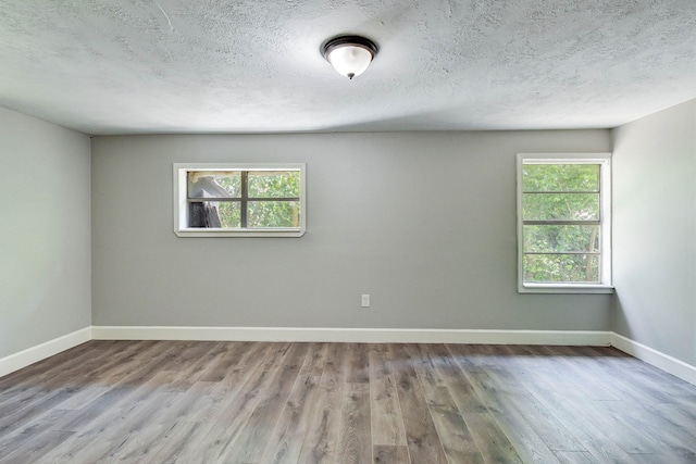 unfurnished room with a wealth of natural light, wood-type flooring, and a textured ceiling