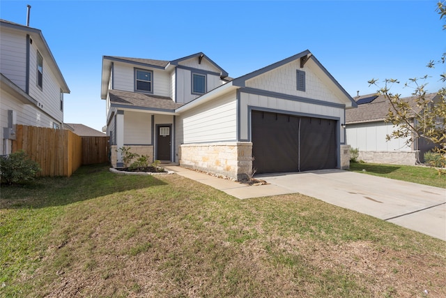 view of front of home featuring fence, concrete driveway, a front lawn, a garage, and board and batten siding