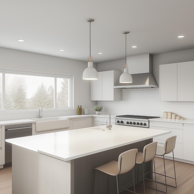 kitchen featuring a kitchen island with sink, sink, wall chimney exhaust hood, stovetop, and white cabinetry