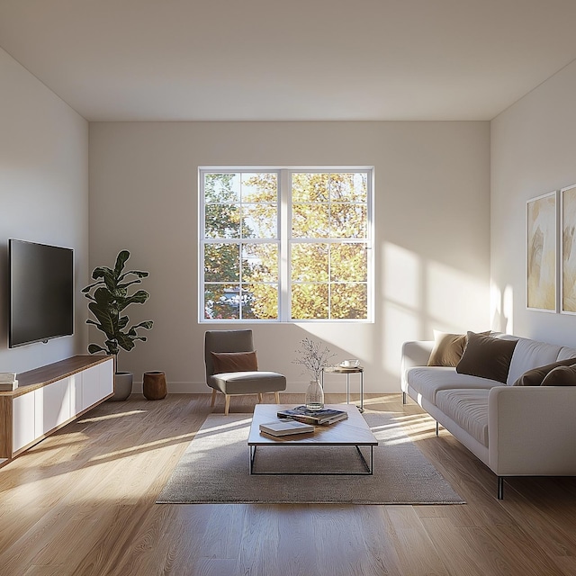 living room with light hardwood / wood-style flooring