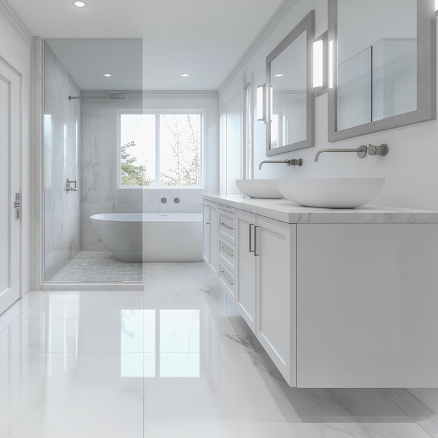 bathroom with vanity, ornamental molding, tile walls, and shower with separate bathtub