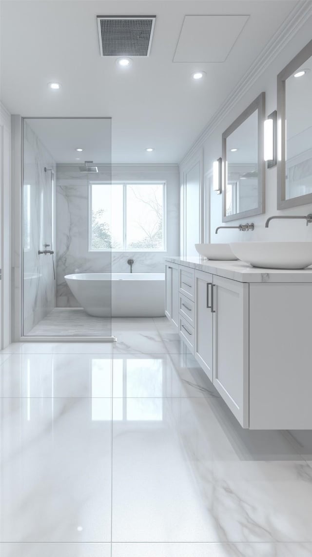 bathroom featuring crown molding, vanity, independent shower and bath, and tile walls