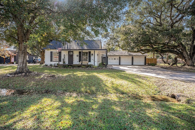 ranch-style house featuring a front yard, a porch, and a garage