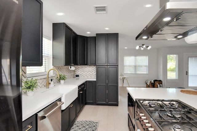 kitchen with backsplash, ventilation hood, stainless steel appliances, and sink