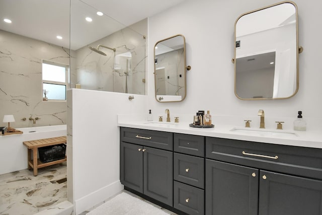 bathroom featuring vanity and plus walk in shower