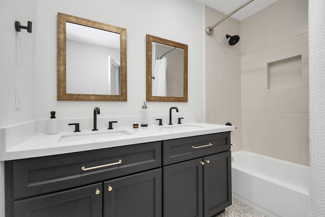 bathroom with vanity and shower / bathtub combination with curtain