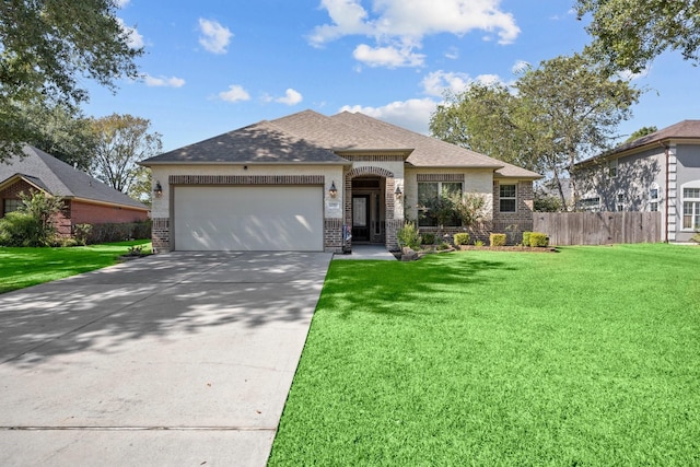 view of front of property featuring a front yard and a garage