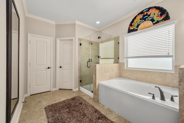 bathroom featuring separate shower and tub, crown molding, and tile patterned flooring