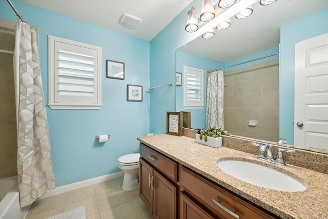 full bathroom featuring tile patterned flooring, vanity, shower / tub combo with curtain, and toilet