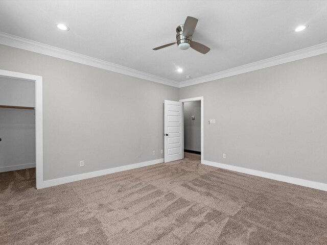 unfurnished bedroom featuring a spacious closet, a closet, ceiling fan, and ornamental molding