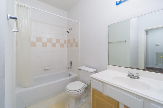 full bathroom with shower / bath combination with curtain, vanity, and toilet