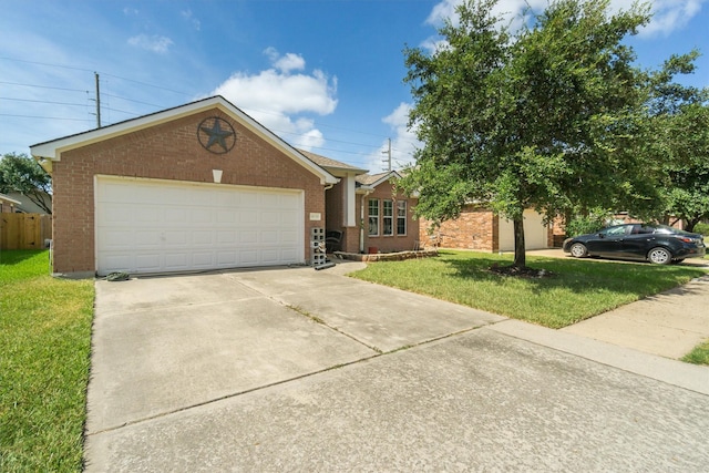 single story home with a front yard and a garage