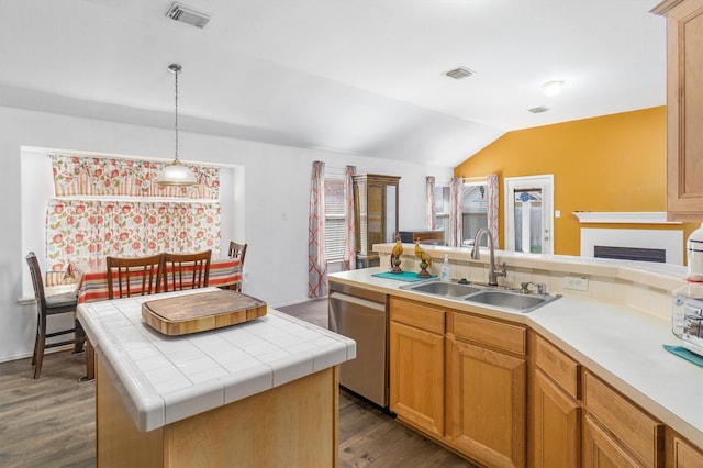 kitchen featuring a center island, sink, hanging light fixtures, stainless steel dishwasher, and dark hardwood / wood-style floors