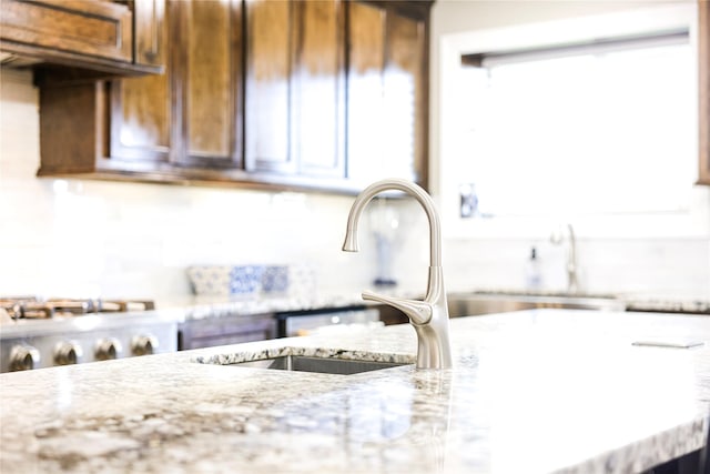 room details with light stone counters, sink, and range