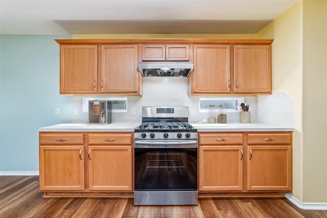 kitchen with hardwood / wood-style floors and stainless steel range with gas cooktop