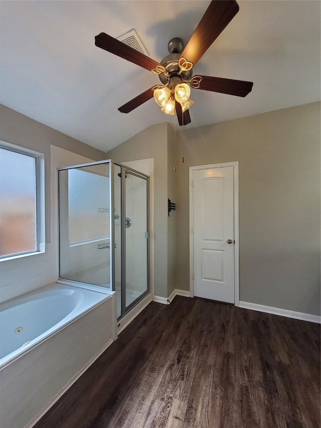 bathroom featuring ceiling fan, independent shower and bath, lofted ceiling, and wood-type flooring