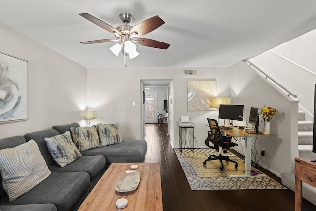 office with dark hardwood / wood-style floors and ceiling fan