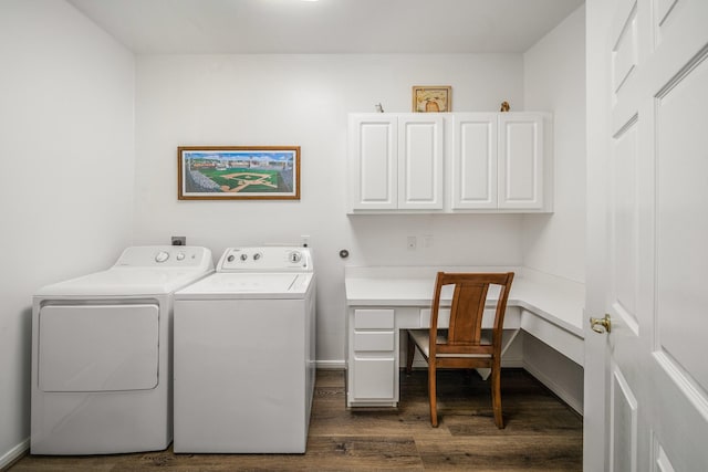 clothes washing area with cabinets, dark hardwood / wood-style flooring, and separate washer and dryer