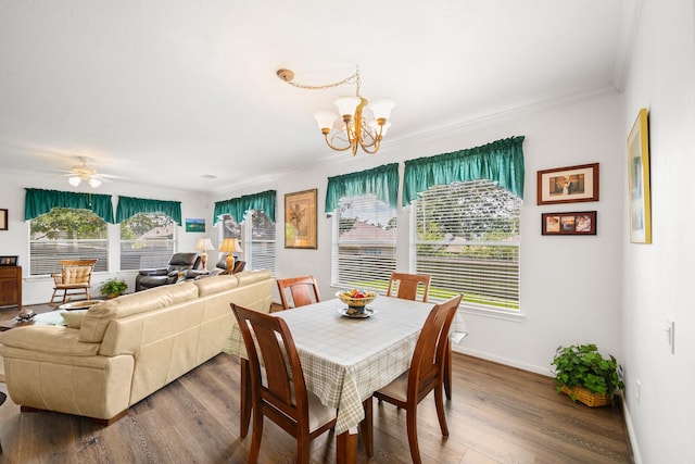 dining room with a wealth of natural light, ceiling fan with notable chandelier, and hardwood / wood-style flooring