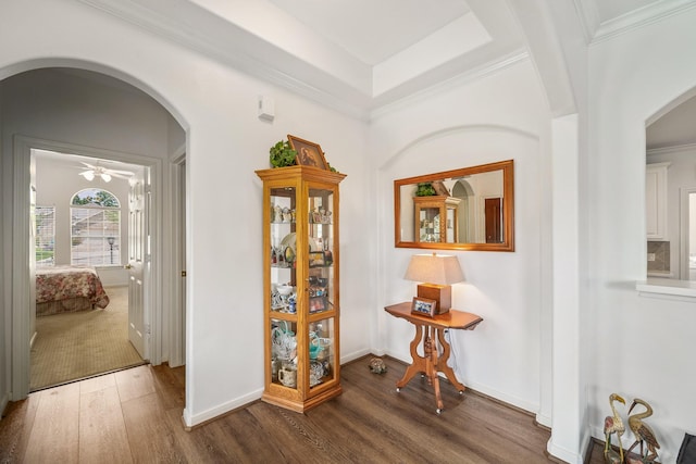 hallway with dark wood-type flooring and ornamental molding