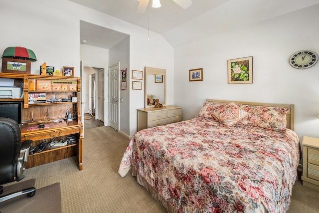 carpeted bedroom featuring ceiling fan and lofted ceiling