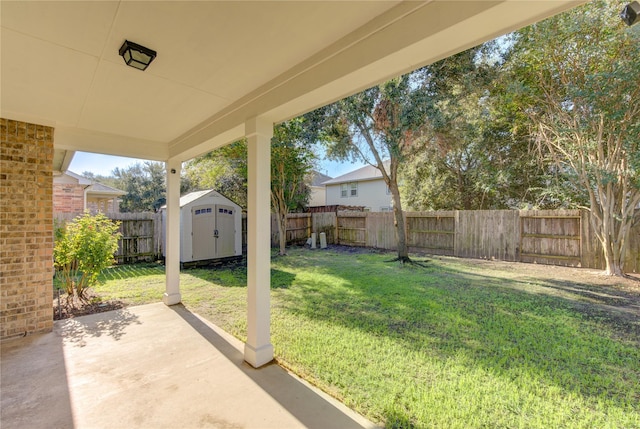 view of yard with a storage shed and a patio