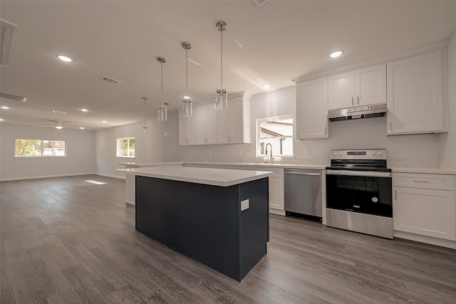 kitchen featuring a center island, hardwood / wood-style floors, decorative light fixtures, white cabinets, and appliances with stainless steel finishes