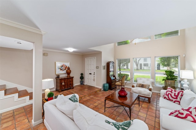 living room with ornamental molding