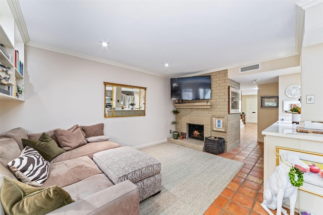 living room featuring a fireplace, light tile patterned floors, and ornamental molding