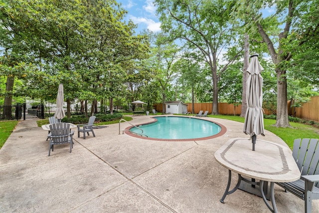 view of pool with a patio and a storage unit