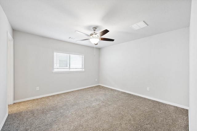 unfurnished room with carpet floors and ceiling fan