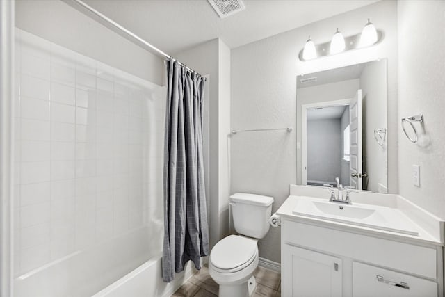 full bathroom with shower / bath combination with curtain, toilet, wood-type flooring, and vanity