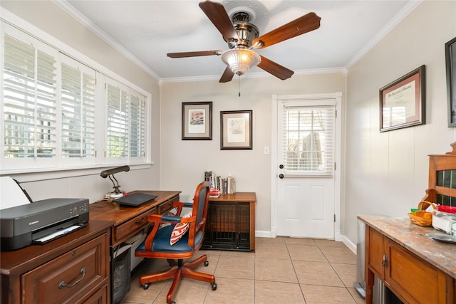 office area featuring a wealth of natural light, crown molding, and light tile patterned flooring