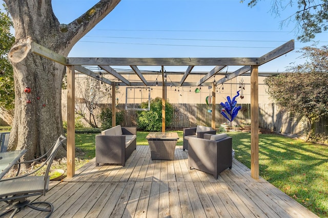 deck with outdoor lounge area, a pergola, and a lawn