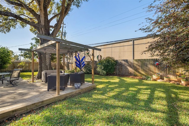 view of yard featuring an outdoor hangout area and a wooden deck