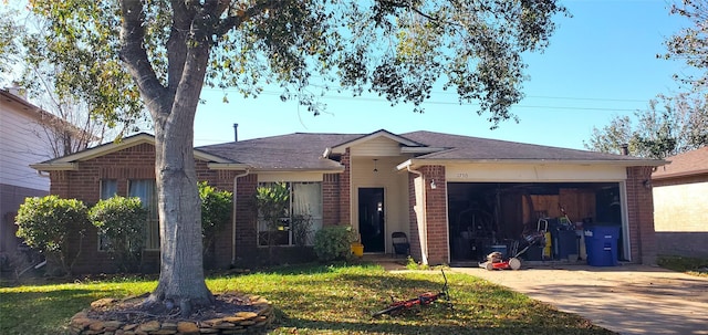 ranch-style house with a front yard and a garage