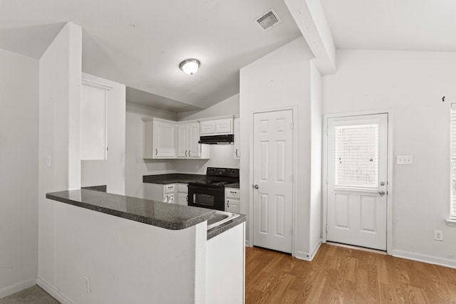 kitchen with lofted ceiling with beams, kitchen peninsula, black electric range, light hardwood / wood-style floors, and white cabinetry