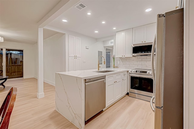 kitchen featuring backsplash, white cabinets, sink, light stone countertops, and appliances with stainless steel finishes