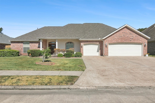 ranch-style house with a front lawn and a garage