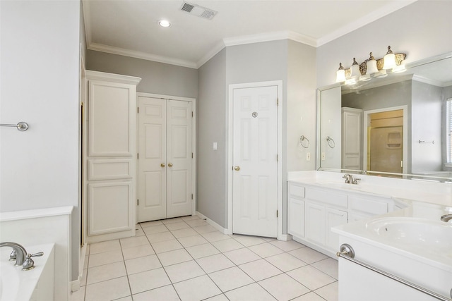 bathroom featuring tile patterned flooring, vanity, a tub to relax in, and ornamental molding