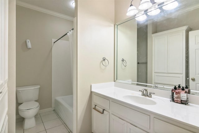 full bathroom with tile patterned floors, crown molding, toilet, shower / tub combo with curtain, and vanity